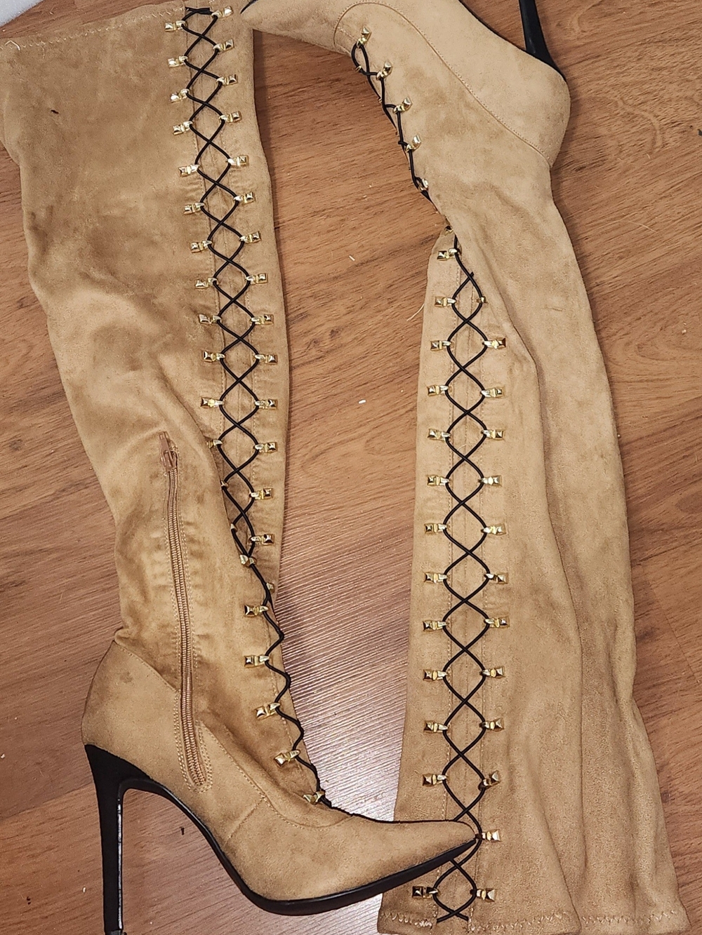 Shoe Dazzle Tan Over-the-Knee Lace-Up Stiletto Boots